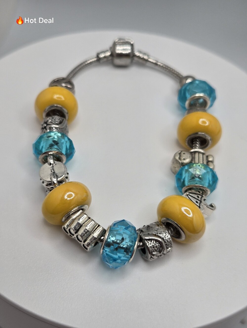 Yellow Turquoise European Style Charm Bracelet Paw Lemonade Flower Umbrella 8.5"